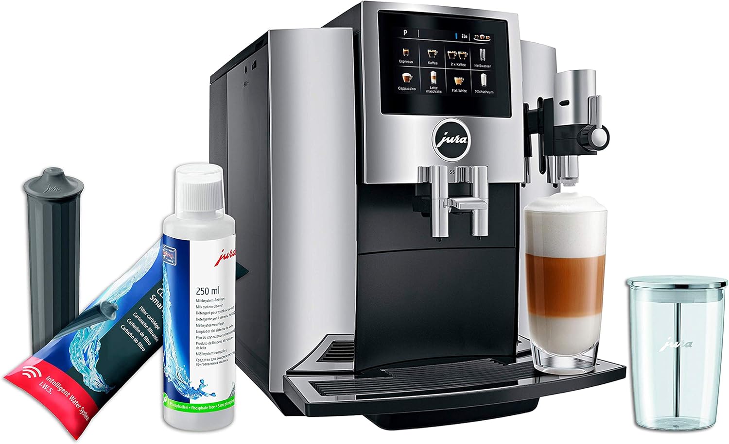 Jura S8 Automatic Coffee Machine Moonlight Silver Set with Smart Water Filter, Milk