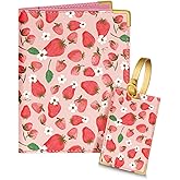 Slohif Passport Holder Lugguage Tag Set Suitcase Cover Wallet Case for Travel Women - Leather Passport Book Personalized Organizer Card Protector Sleeve Essentials Slim Carrier Strawberry