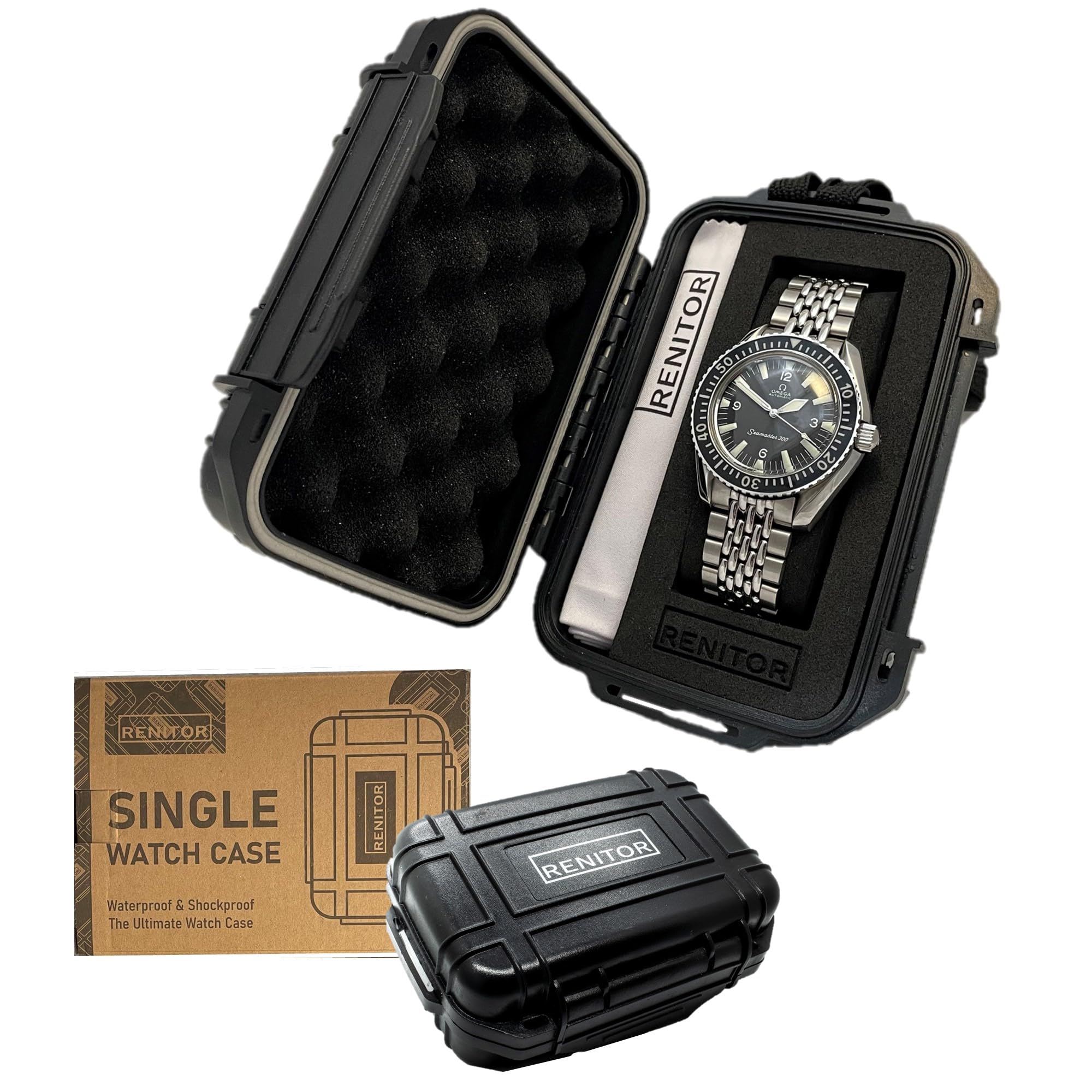 RENITOR Premium Watch Travel Case Storage Box for watch | ABS Ultimate Protection Waterproof Shockproof | Fits all Wristwatches & Smart watches up to 60mm | Cleaning Cloth Included | (1, Black)