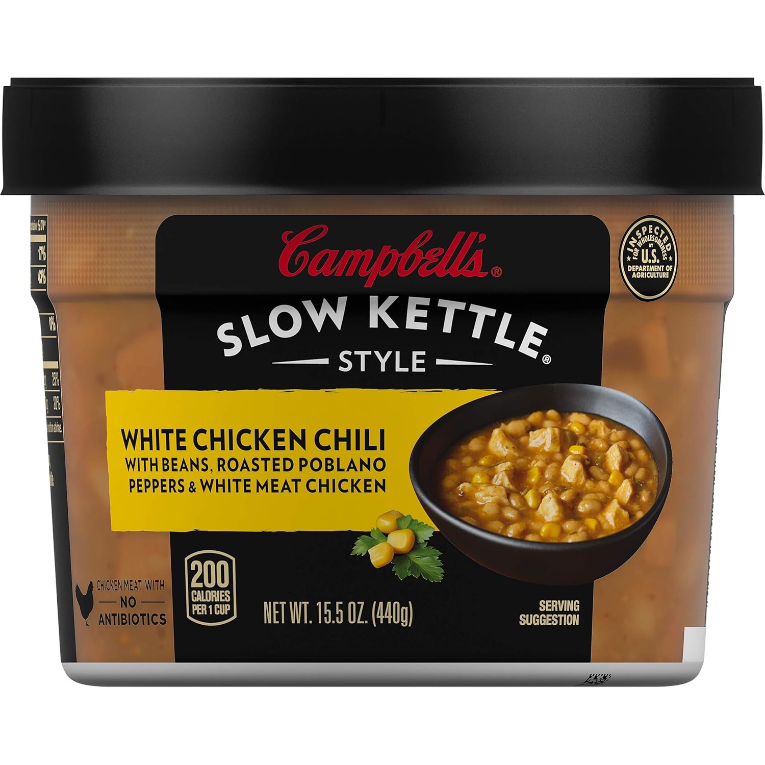 Campbell's Slow Kettle Style White Chicken Chili with Beans, Roasted Poblano Peppers & White Meat Chicken, 15.5 oz. Tub