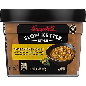 Campbell's Slow Kettle Style White Chicken Chili with Beans, Roasted Poblano Peppers & White Meat Chicken, 15.5 oz. Tub