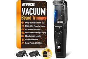 ATVOXIS Vacuum Beard Trimmer for Men Rechargeable, IPX6 Waterproof Mustache Trimmer with Adjustable Length Combs (1/25’’-4/5’’), Men’s Electric Stubble Trimmer, Cordless with Built-in Vacuum (Black)