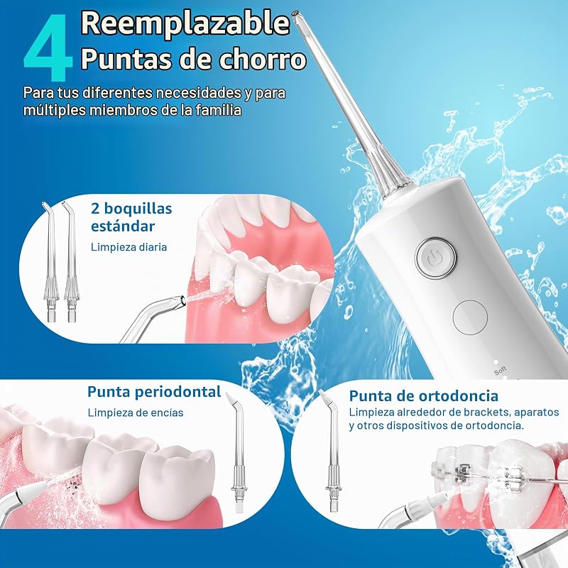 Irrigador bucal avanzado, 5 modos de presión y tanque grande de 340 ml, irrigador oral impermeable IPX8, 4 puntas de chorro y bloqueo de viaje, irrigador dental de agua, QR-7104 (Blanco)