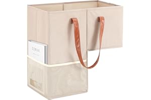 Qozary Stair Basket with Leather Handles - Staircase Basket for Wooden Stairs, Fabric Storage Bin for Home Office Decor