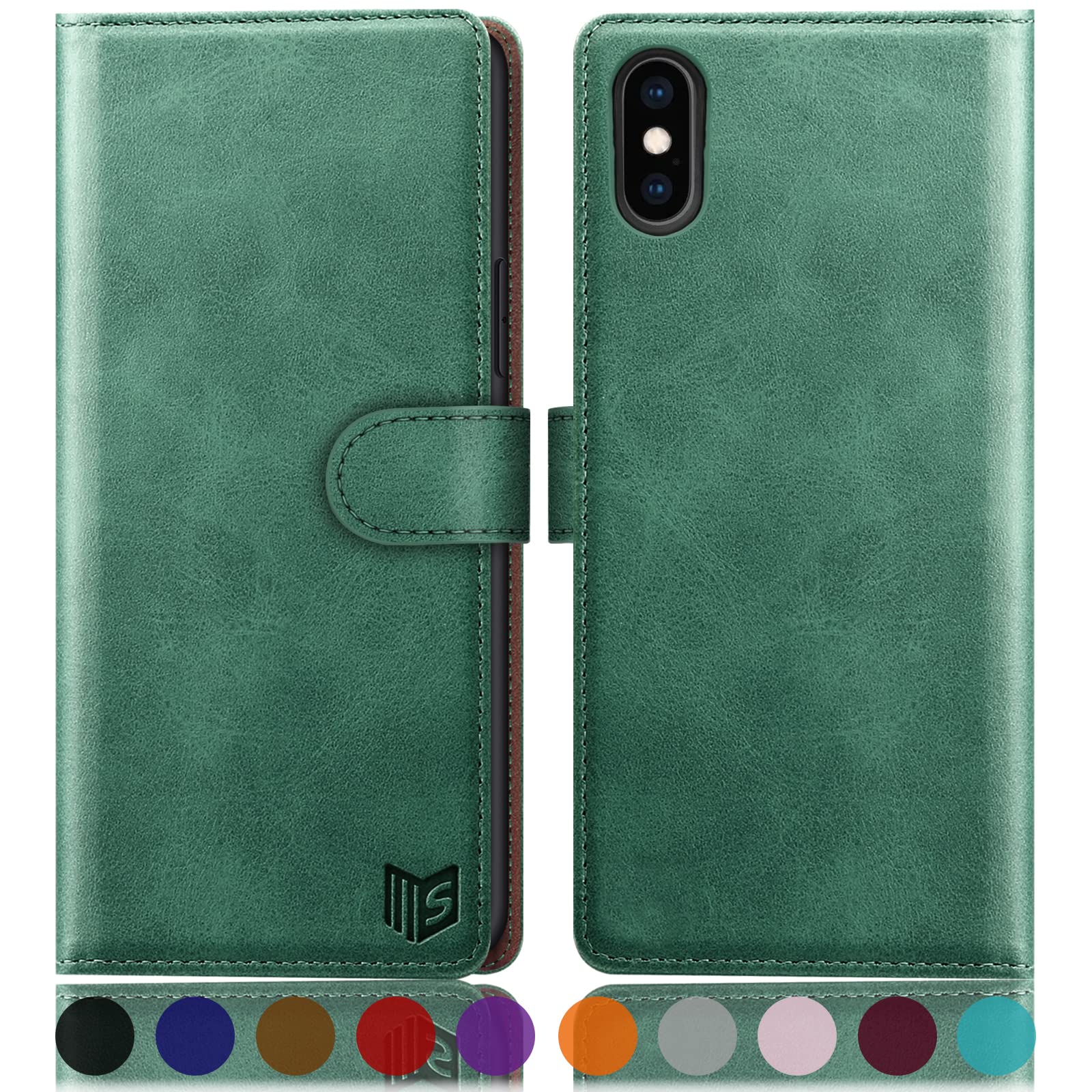 SUANPOT for iPhone X/XS 5.8" case with [Credit Card Holder][RFID Blocking],PU Leather Flip Book Protective Cover Women Men for Apple X/XS Phone case Sea Green