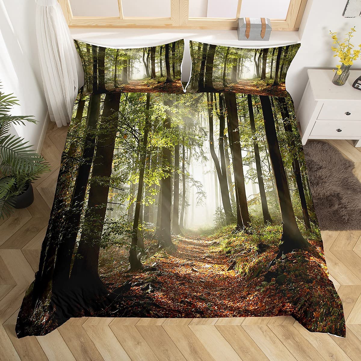 Loussiesd Forest Duvet Cover, Woodland Scene Comforter Cover Single for Adults Women Men, Decorative 2 Piece Bedding Set with 1 Pillow Shams, Forest Pathway Bedspread Cover, Green Brown