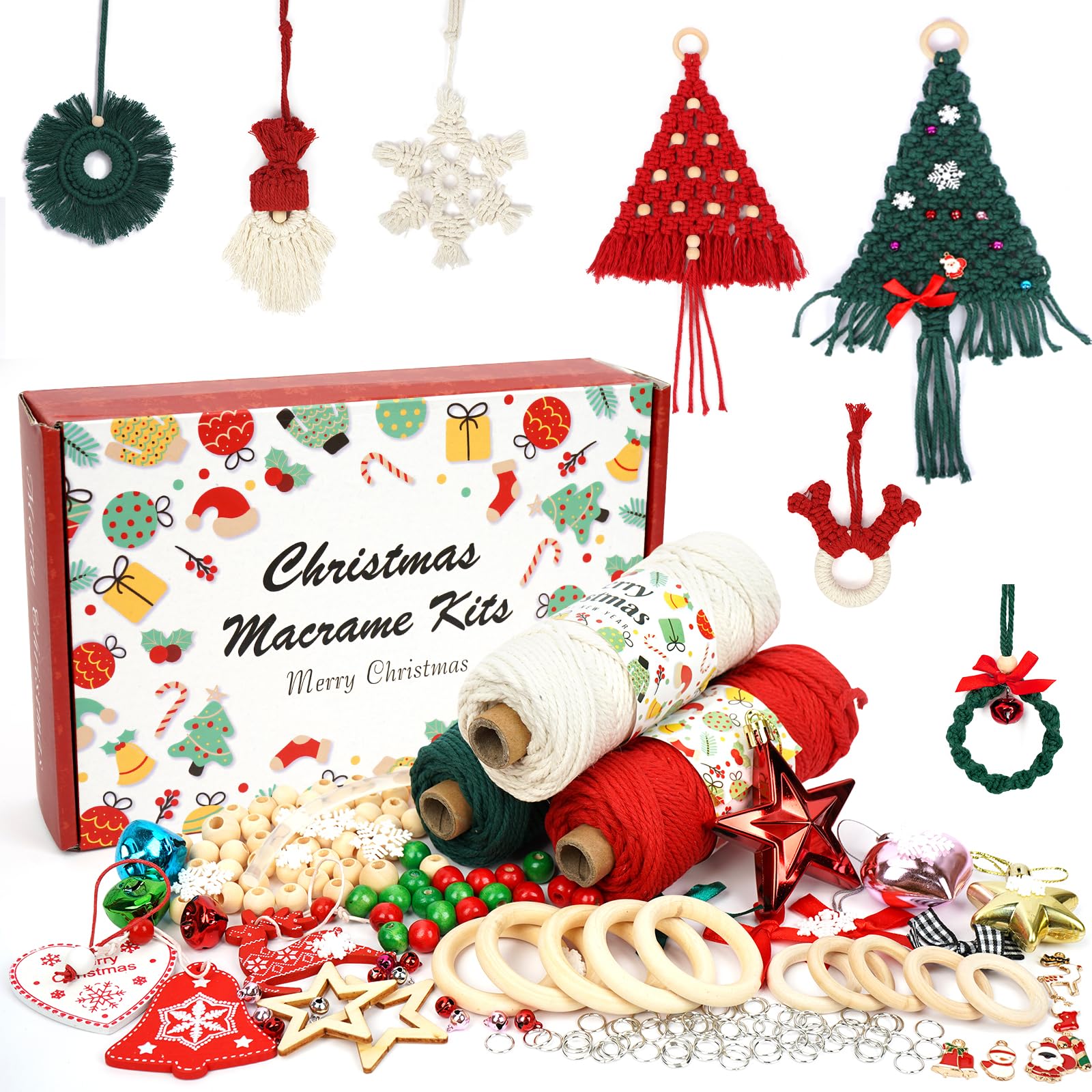 Beginners Macrame Kit for Christmas, Featuring 3mm Macrame Cord, Beads, Rings, Instruction Book. All Xmas Accessories to Make Wall Tree, Macrame Wall Hanging Adults Craft Kit for Christmas Party