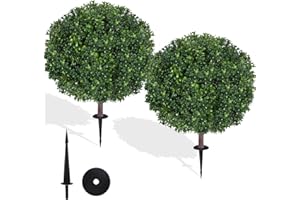 BLOYAPIX 27.5" Artificial Boxwood Topiary Ball Tree, Set of 2 Fake Bushes Shrubs with Ground Spike, UV Resistant Faux Evergreen Boxwood Trees for Front Porch Planters Outdoor Garden Decor