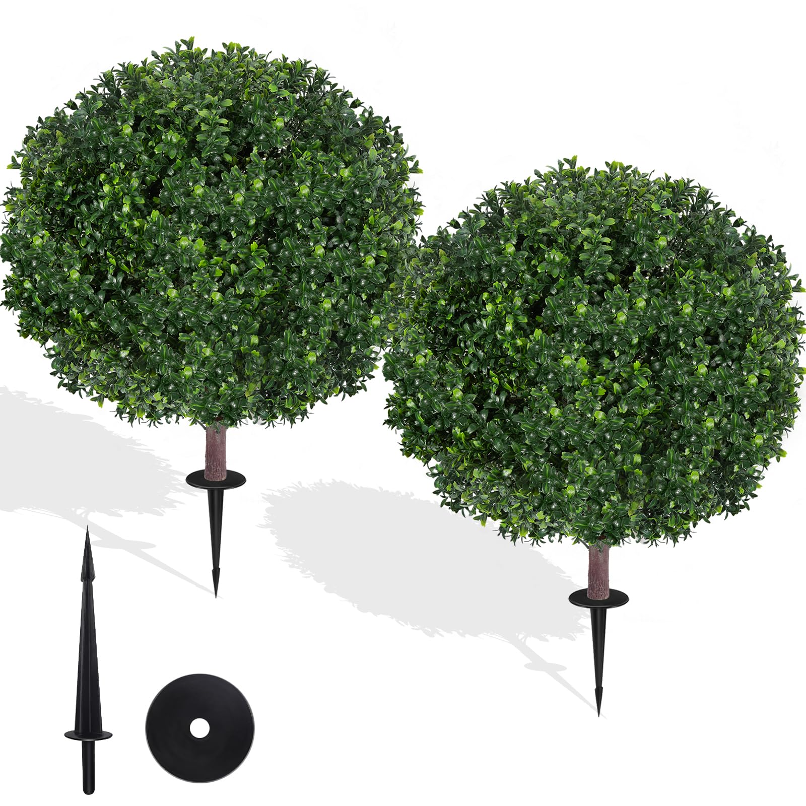 Photo 1 of 27.5" Artificial Boxwood Topiary Ball Tree, Set of 2 Fake Bushes Shrubs with Ground Spike, UV Resistant Faux Evergreen Boxwood Trees for Front Porch Planters Outdoor Garden Decor
