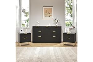 NOVAMAISON 7 Drawer Dresser & Nightstand Set 3PCS, 55” Wide Black Dresser for Bedroom Wooden with Metal Handle, Fluted Modern Bedroom Furniture Set, Black