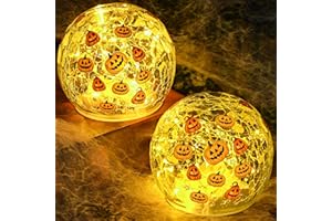 Yinhua 2 PCS Halloween Decorations Indoor 4" Pumpkin Decor Outdoor Halloween Globe Light with Timer Crackle Glass Ball Led Globe Warm Light for Table Centerpieces Lighted Decorative Ball Gift