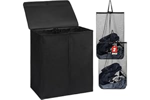 DOKEHOM 150L Double Laundry Basket with Lid and Removable Laundry Bags, Large Collapsible Laundry Hamper with 2 Sections for Bedroom, Bathroom, Laundry Room, Colloge (Black)