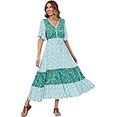 R.Vivimos Women's Short Sleeve V Neck Cotton Beach Floral Buttons Midi Dresses