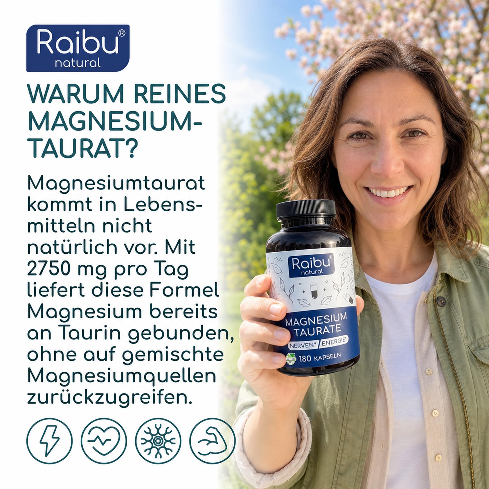 Magnesium Taurat 2750 mg pro Tag, 180 Kapseln - davon 240 mg elementares Magnesium pro Tag, Chelatierte Verbindung mit Taurin - Für Muskeln & Nerven* - Hohe Bioverfügbarkeit, Frei von Magnesiumstearat 5