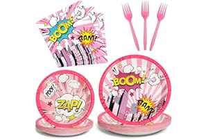 96 Pcs Super Girl Hero Plates and Napkins Party Supplies Pink Comic Heroes Tableware Set Super Theme Hero Party Decorations F