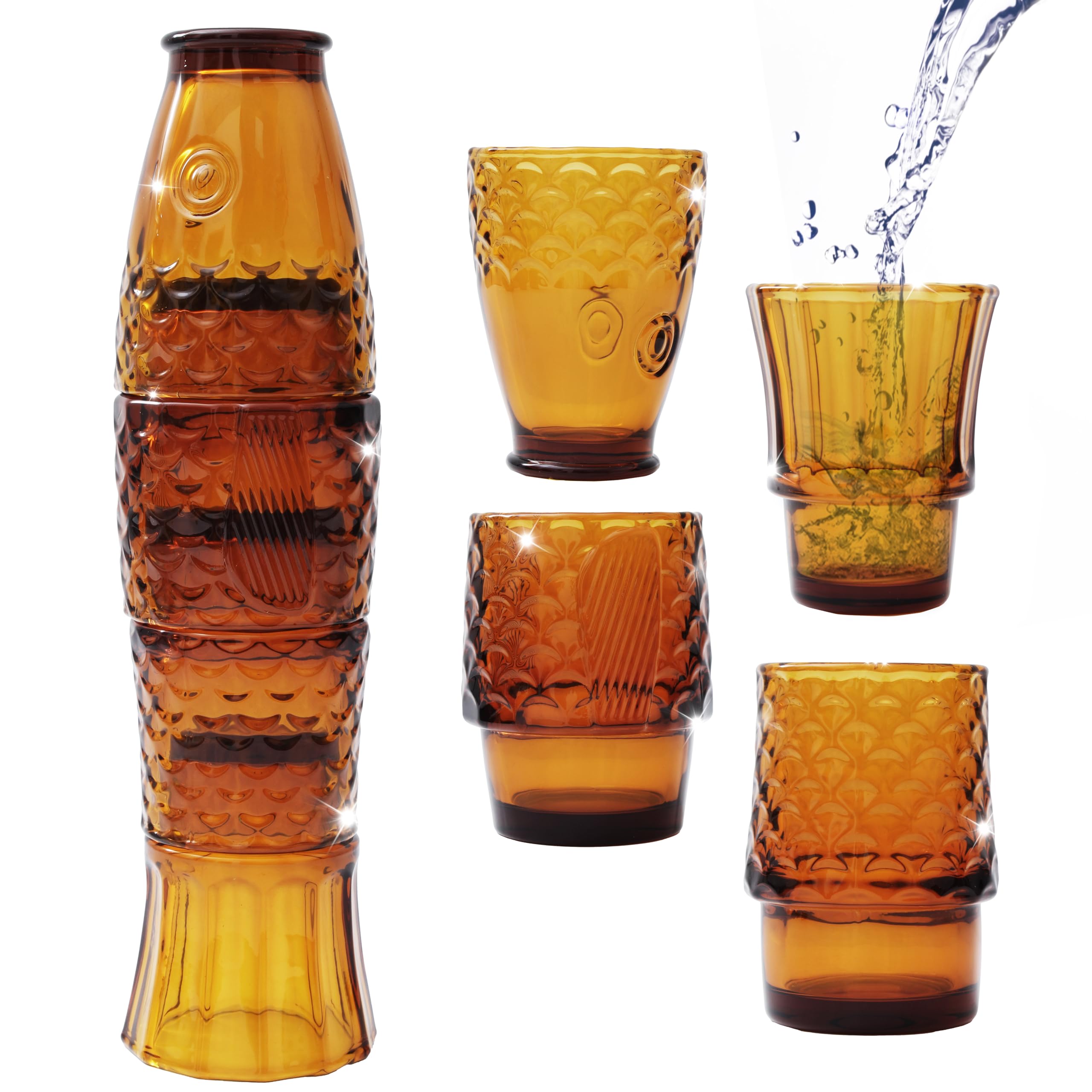 Gökotta Set of 4 Stacking Koi Carp Fish Drinking Glasses | Handmade Cocktail Glassware | Novelty Quirky Gift Set | Dinner Party Water Tumblers 250ml (Amber)
