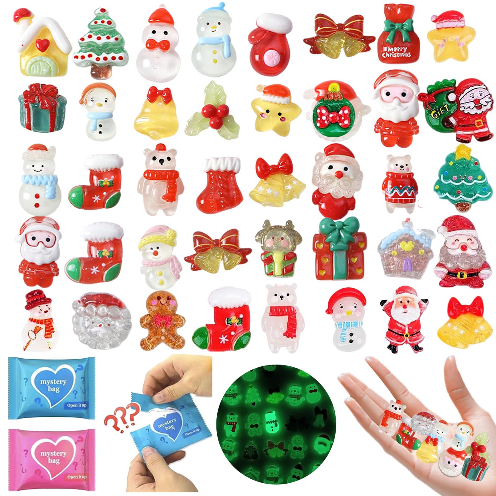 View 1 of 100 Pcs Mini Christmas Resin Figurines Blind Bags: Mystery Glow in The Dark Toy Pack with Tiny Holiday Charms for Kids Crafts, Dollhouse Christmas Decorations, Stocking Stuffers & Party Favors