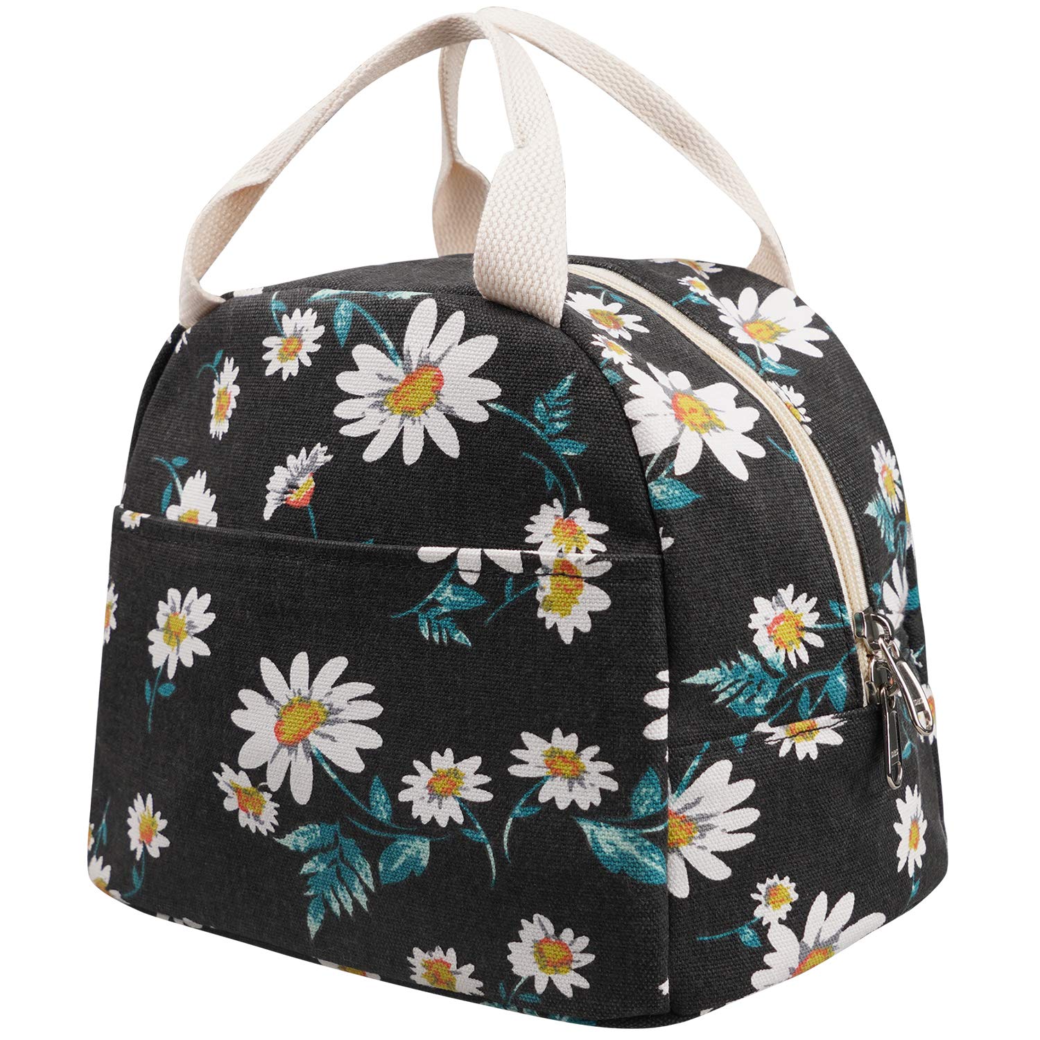 EurCross Black Lunch Bag Floral Daisy Women Tote Box Reusable Canvas Cooler Container Lunch Holder Portable Meal Prep Water-Resistant for Kids Girls for School Trip Picnic Travel