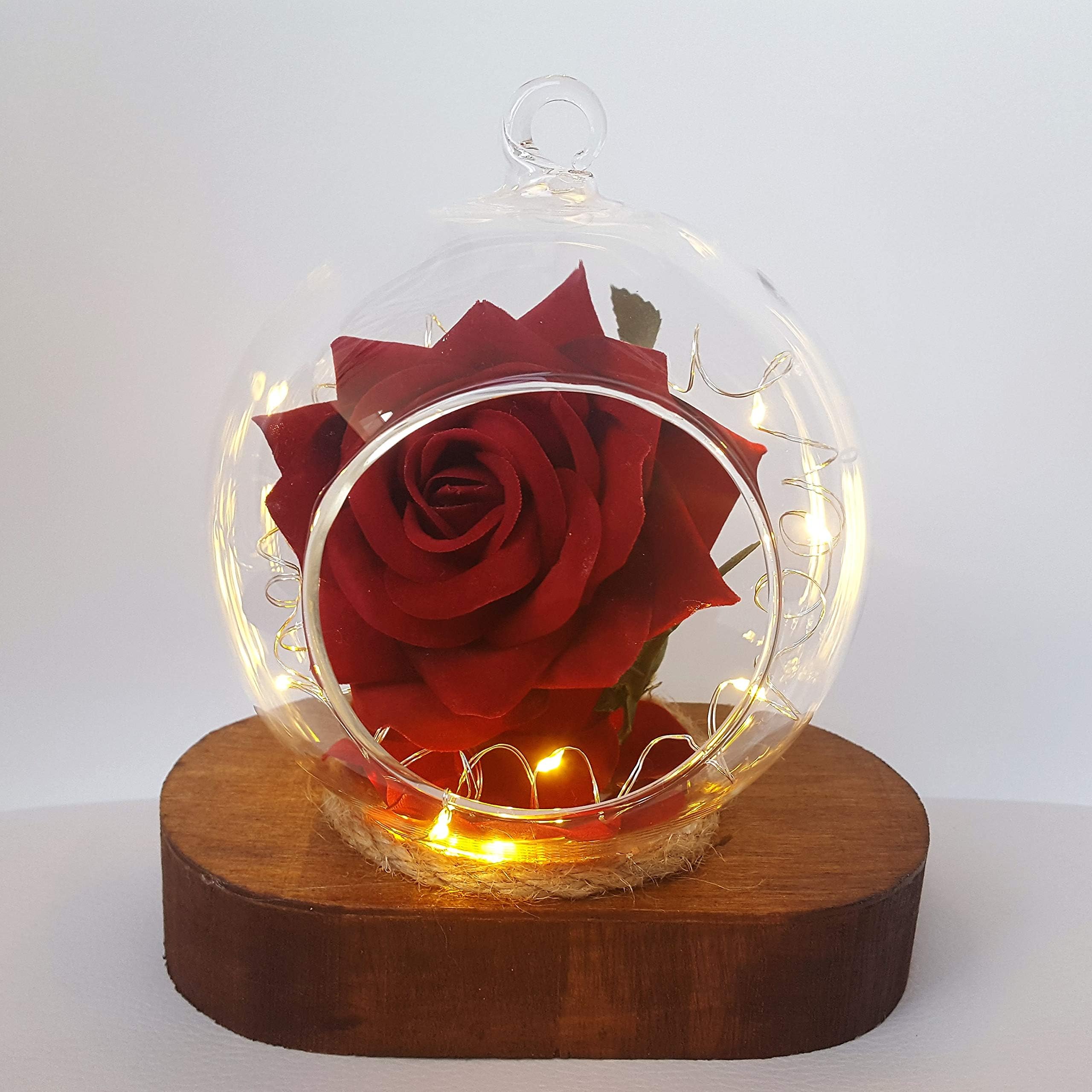 Handmade Valentine's Gift Cordless Dark Red Velvet Rose Ornament with Silver Wire Fairy Lights in a Glass Round Clear Globe Gift Wedding Centrepiece Decoration Lamp