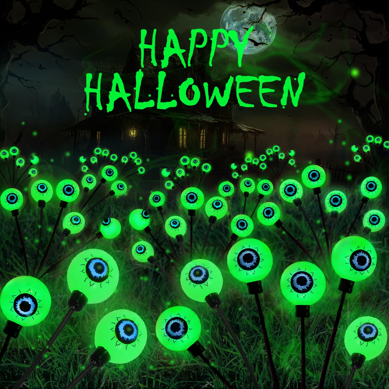 Photo 1 of 8 Pack Solar Eyeball Lights for Halloween Decorations Outdoor, 48 LED Green Eyeball Solar Halloween Lights, Waterproof Swaying Firefly Lights with 2 Modes for Pathway Patio Yard Lawn Garden Decor