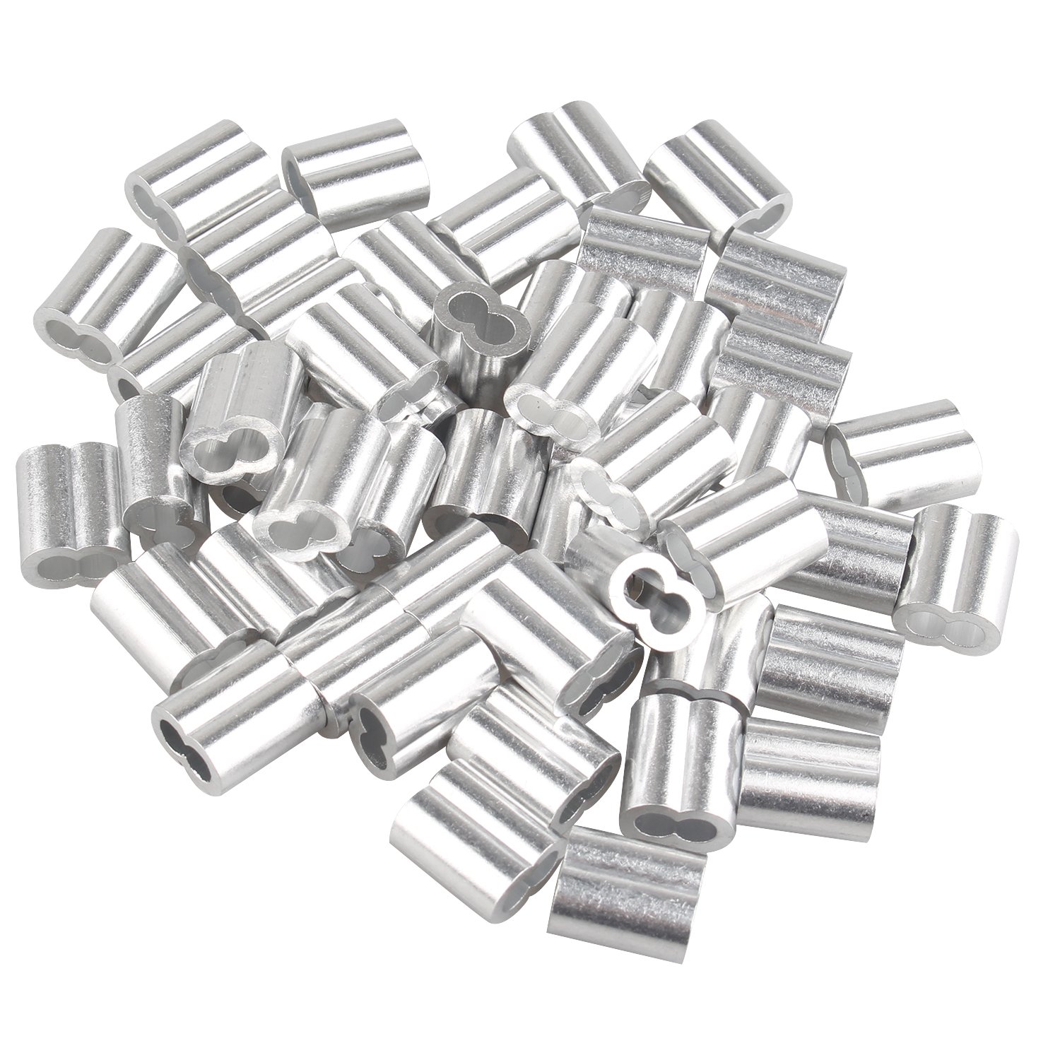 Futheda 50 pcs Aluminum Crimping Loop Sleeve Clips with Double Ferrules/Holes for 4.0mm Cable Wire Rope Silver Tone