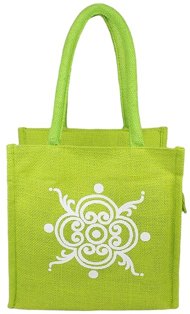 Neska Moda Unisex Green Handheld Jute Bag Cum Lunch Bag Zip Closure Plastic Laminated Inside BG111
