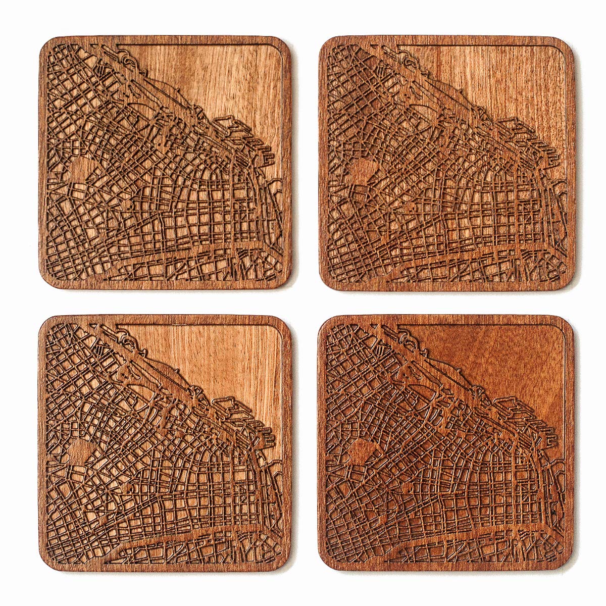 Buenos Aires Map Coaster, Set of 4, Sapele Wooden Coaster with City map, Multiple City Optional, Handmade