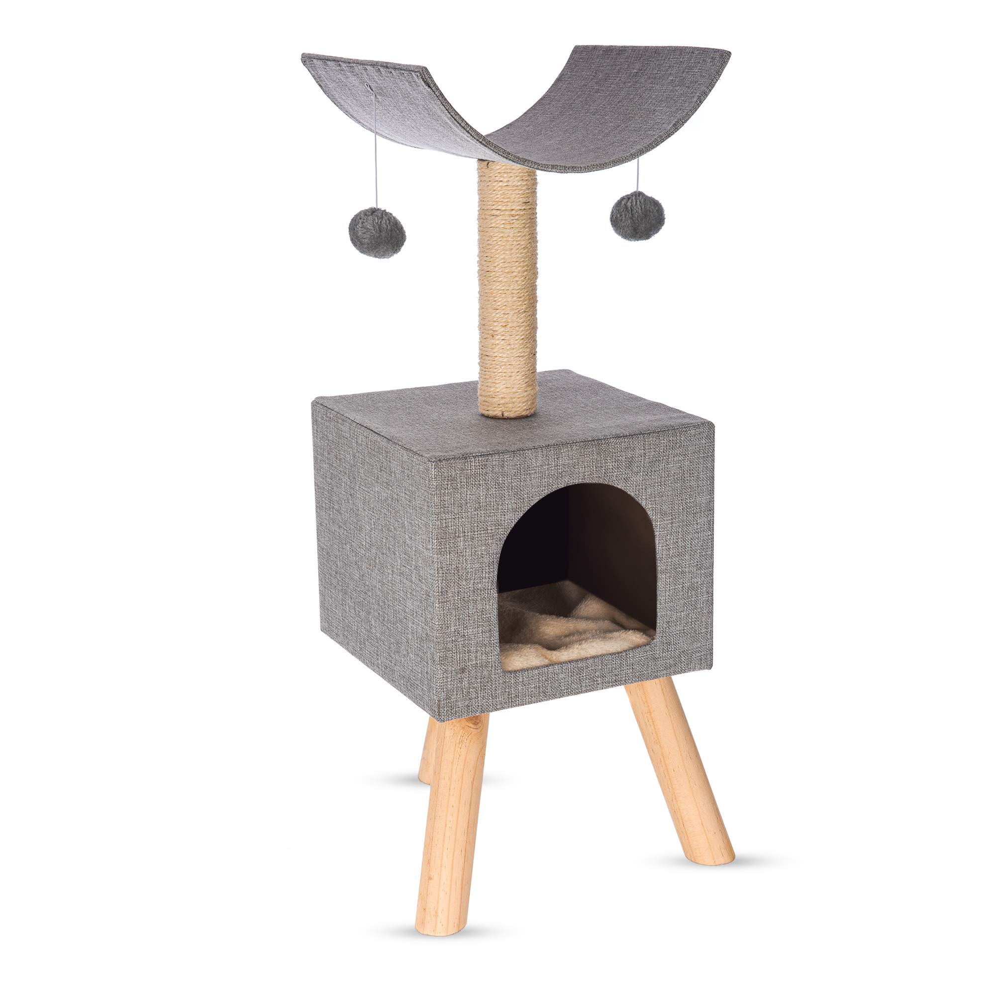 Petlicity 83cm Nordic Style Cat Scratch Post Activity Centre with Sisal Scratch Posts, Curved Arch Sleeping Platform Large Hiding and Sleeping Area with Circular Opening (83cm)