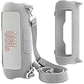 co2CREA Silicone Case for JBL Flip 7 Portable Waterproof Speaker, Portable Travel Soft Cover with Shoulder Strap, Protective Skin Case (White Case Only)