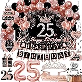 Rose Gold 25th Birthday Decorations for Girls Women - Backdrop, Sparkle Crown Sash, Happy 25th Birthday Banner, Cake Topper, 25 Number Balloons, Hanging Swirl Decorations - 70pcs