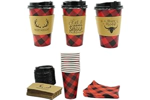 4E's Novelty 16oz Buffalo Plaid Christmas Cups with Lids, Cup Sleeves, Napkins(12 Packs) Insulated Disposable Paper Coffee Cups for Hot Cocoa Birthday Party Supplies, Hot Chocolate Bar