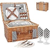 Picnic Basket for 2 Persons,Handmade Wicker Picnic Baskets Set with Insulated Cooler & Cutlery Kit, Gift Basket for Couples,Valentine Day, Thanks Giving, Birthday, Wedding, Outdoor Party