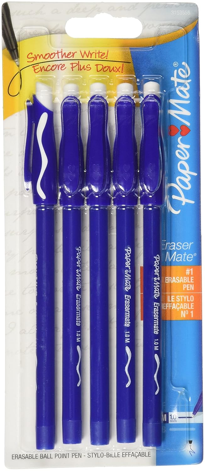 Paper Mate EraserMate Stick Ballpoint Pen, Medium Point, Blue Ink, 5