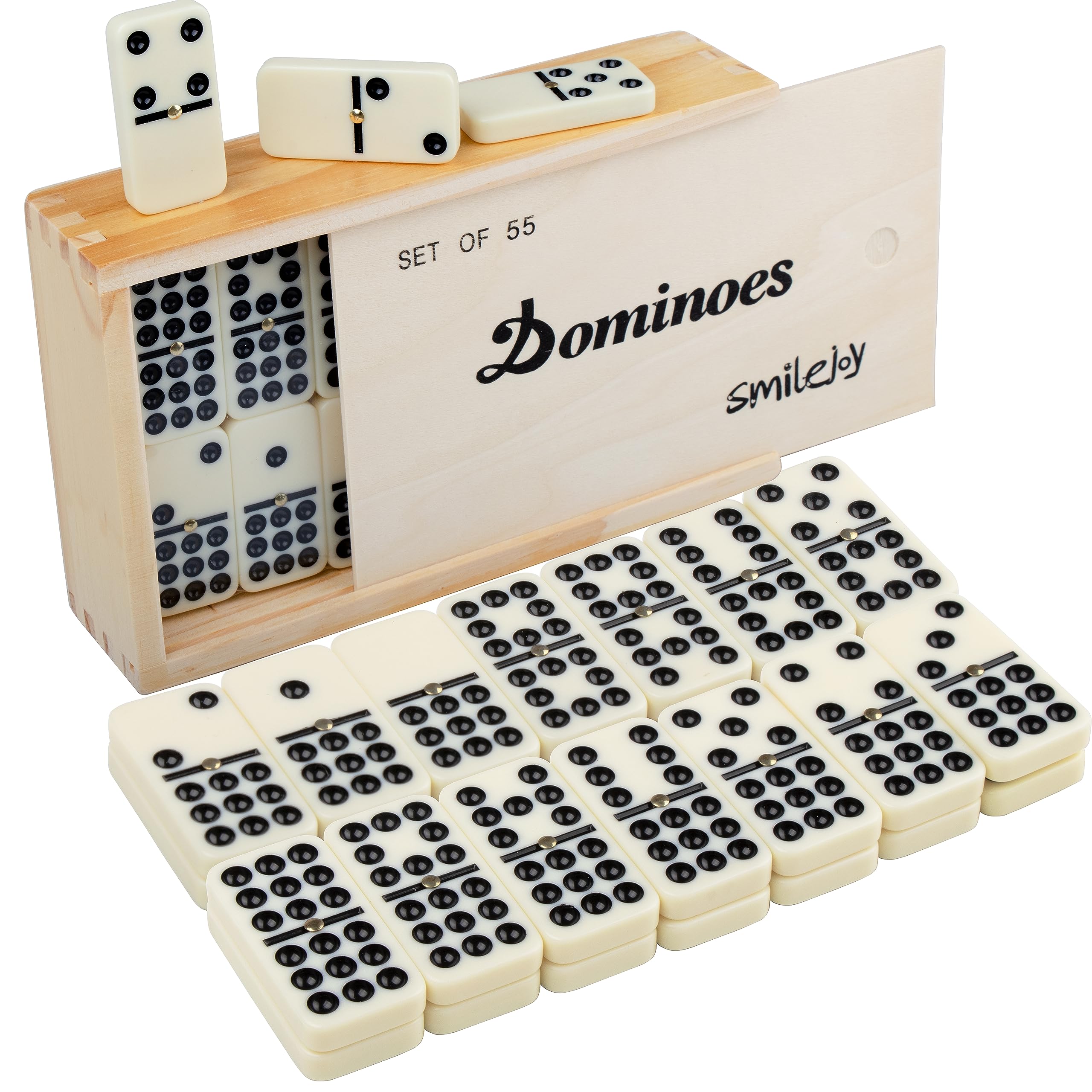 Smilejoy Dominoes Set for Adults, Double Nine Domino Set for Classic Board Games, Dominoes Double 9 for Family Games with Natural Wooden case with Spinner 55pcs