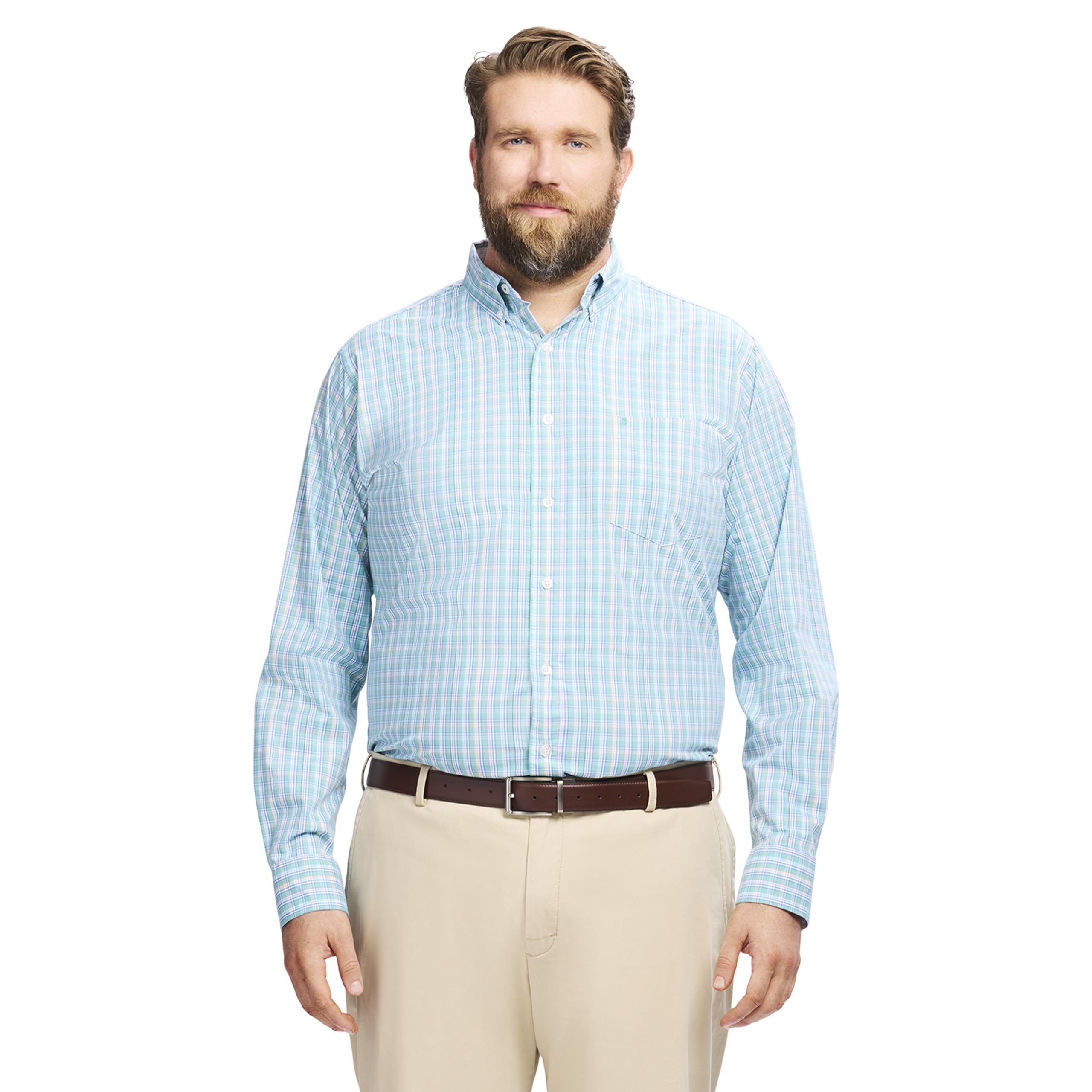 Izod Men’s Big and Tall Performance Comfort Long Sleeve Plaid Button Down, Wasabi, 4X-Large Tall