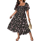 Floerns Women's Plus Size Floral Print Tie Front Square Neck Slit Hem Midi Dress