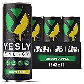 Yesly Energy - All Natural Clean Energy Drink - Zero Sugar Functional Energy Infused with Vitamins and Electrolytes - Green Apple, 12 Fl Oz (Pack of 12)