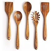KITEISCAT Acacia Wooden Spoons for Cooking: 5-Piece Kitchen & Cooking Utensils Set - Wooden Spatula, Slotted & Pasta Spoon - Essential Wooden Utensil Set