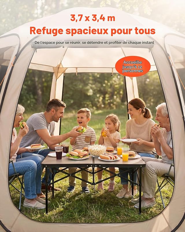 Tente Moustiquaire Pop Up 366x338x230 cm Abri Moustiquaire Pliant 10-12 Personnes Tente Portable pour Jardin Terrasse Cour Activités Plein Air, avec Sac de Transport, Piquets de Fixation, Beige