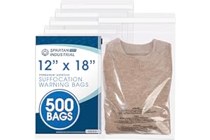Spartan Industrial - 12" X 18" (500 Count) Self Seal Clear Poly Bags with Suffocation Warning for Packaging, Clothes & Shippi