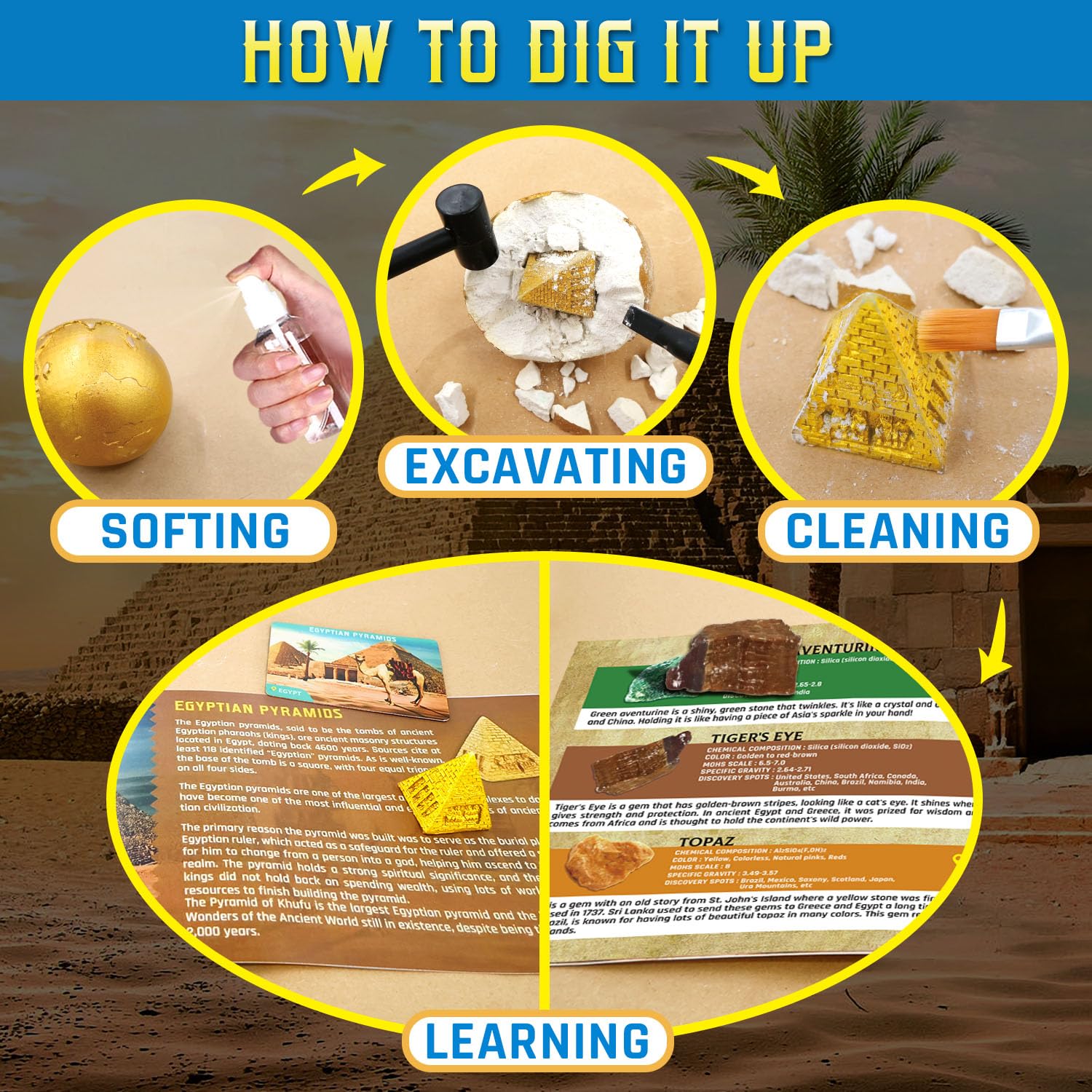 Ancient Wonders Dig Kit, Excavate 6 Treasure Landmarks Figurines & 6 Rocks, with History Learning Cards, Wonders of The World Toy Archaeology Set, STEM Party Favor Gifts for Boys & Girls Age 6+