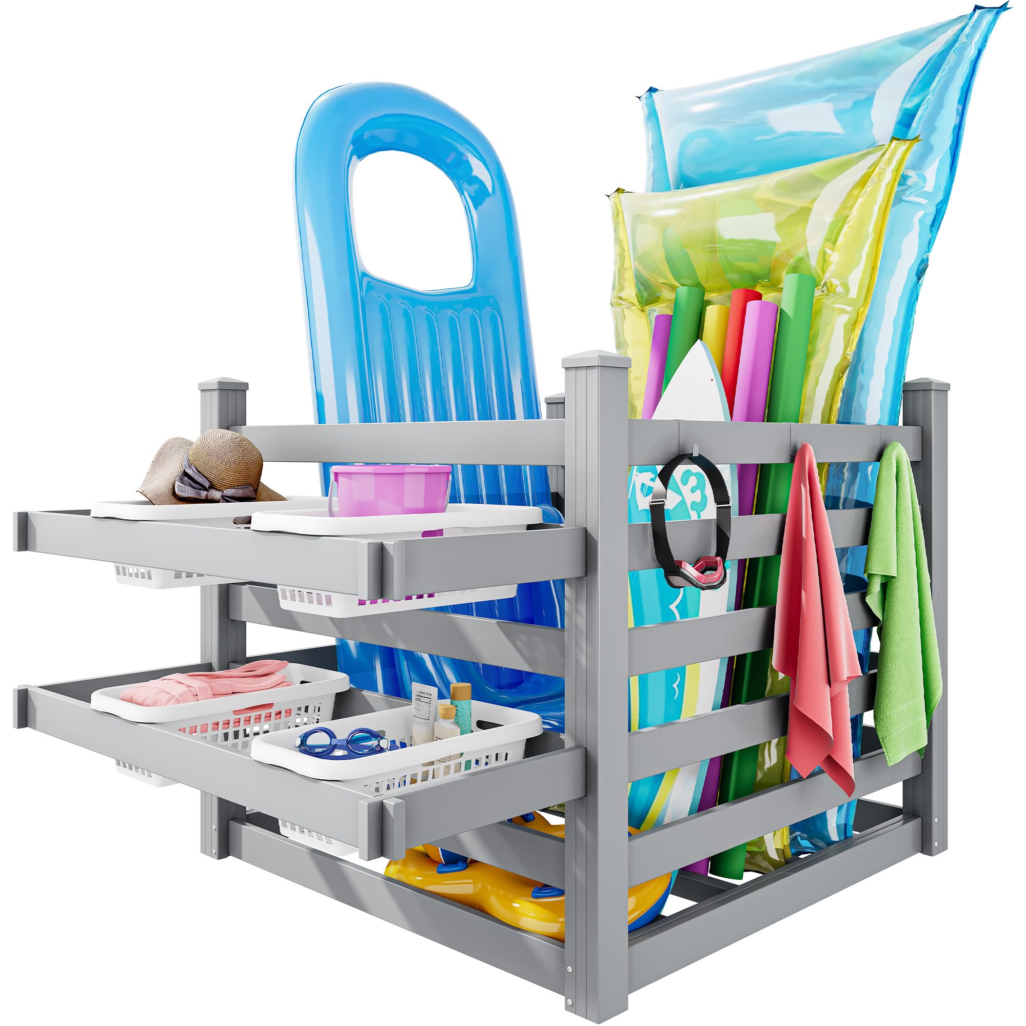 Photo 1 of YITAHOME Pool Storage Bins with Towel Rack & 6 Moveable Hooks, Large Pool Noodle Holder Organizer, Outdoor Waterproof Poolside Float Storage for Goggles, Beach Balls, Floats Equipment (Light Gray)