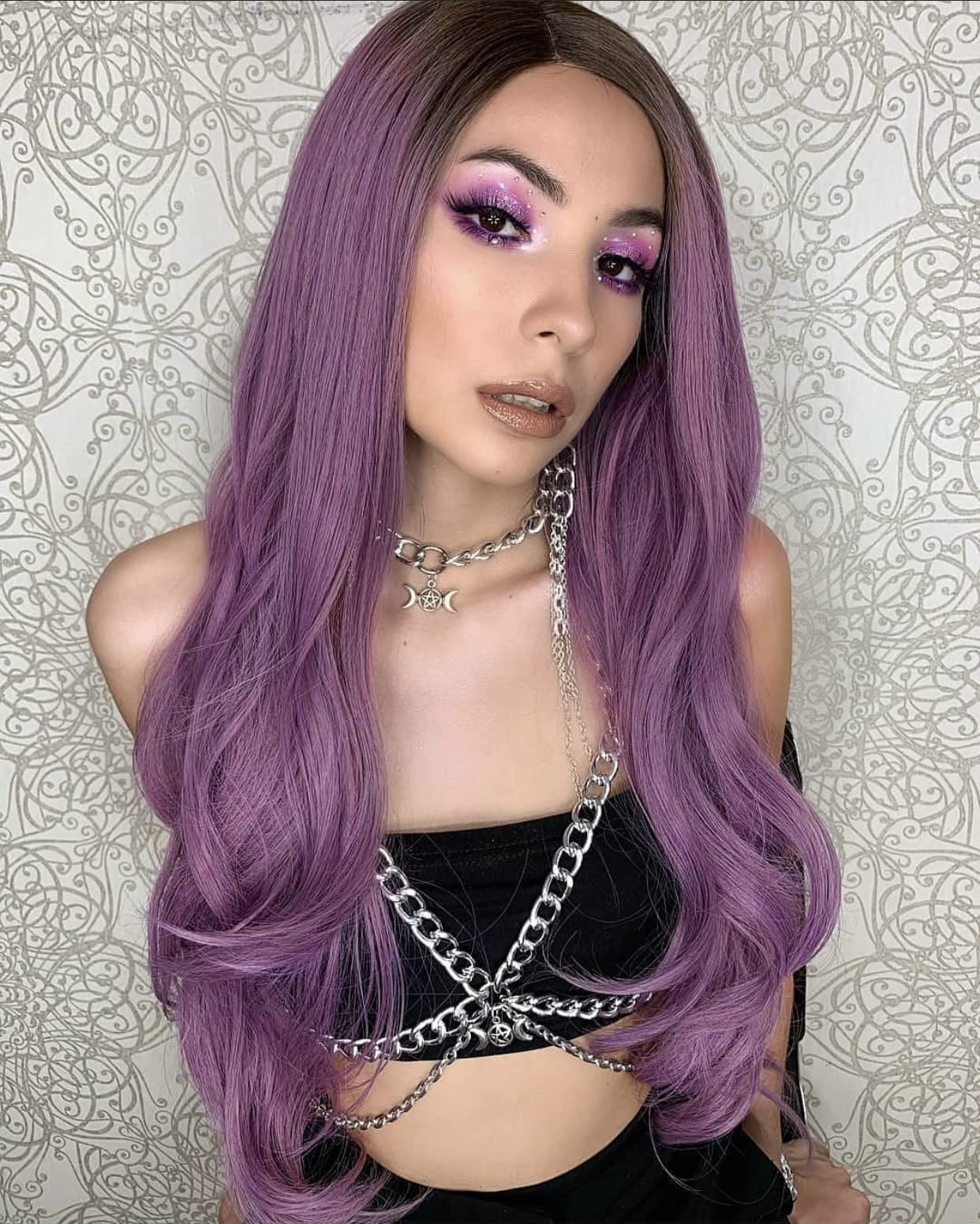 Ombre Purple Synthetic Lace Front Wig Long Loose Wave Purple Heat Resistant Fiber Wigs Natural Looking for Women 24 Inch (Ombre Purple)