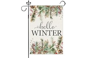 GODUCK Hello Winter Garden Flag 12x18 Inch Double Sided Pine Twigs Small Christmas Garden Flag for Outside Winter Festive Holiday Yard Outdoor Decorative Burlap Yard Flag