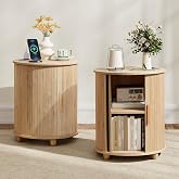 Set of 2 Fluted Round End Table with Charging Station, Small Farmhouse Sofa Side Table with Sliding Tambour Door &amp; Storage, Mid-Century Wood Fulted Nightstands for Living Room, Bedroom (Natural)
