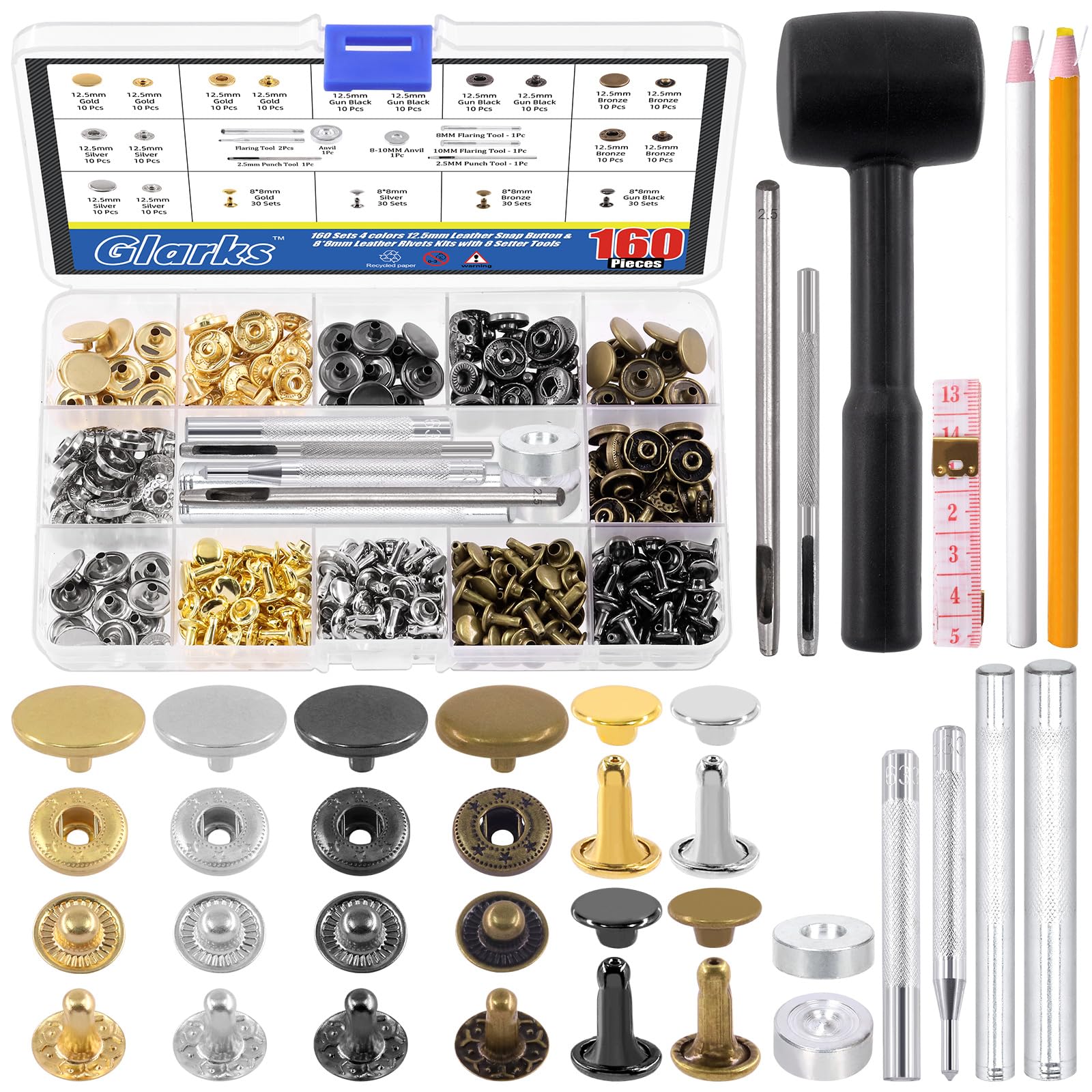 Glarks 160 Sets 2 Styles Leather Snap Fasteners Kit Including 12.5mm Metal Snap Buttons and 8 x 8mm Leather Rivets with 11Pcs Punch Hammer Setting Tools, Grease Pencils and Tape Measure
