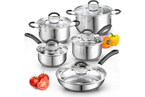 Cook N Home Stainless Steel Cookware Sets 10-Piece, Pots and Pans Kitchen Cooking Set with Stay-Cool Handles, Dishwasher Safe, Silver