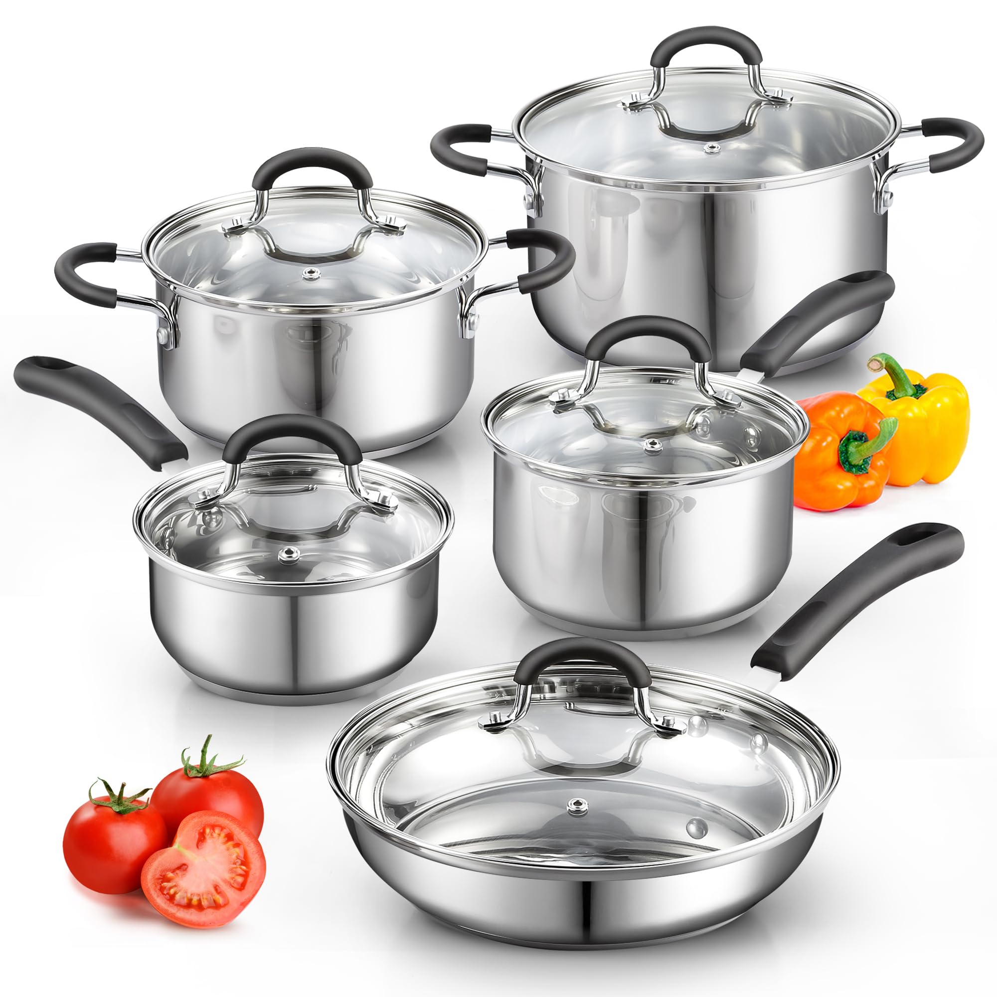 Photo 1 of ****The pan is very worn. The other pieces are in good condition and have their lids.******Cook N Home Stainless Steel Cookware Sets 10-Piece, Pots and Pans Kitchen Cooking Set with Stay-Cool Handles, Dishwasher Safe, Silver