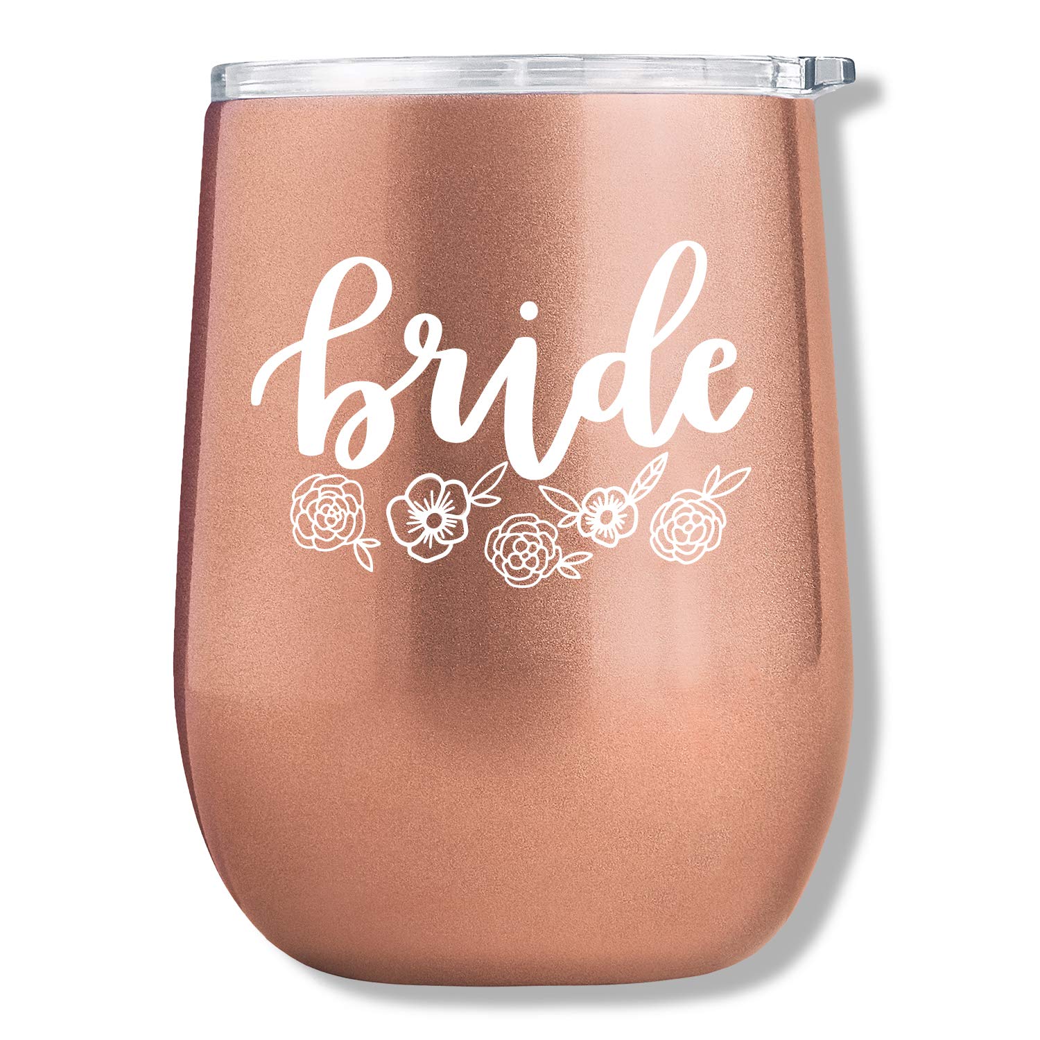 xo, Fetti Bride Wine Tumbler - 12 oz Stainless Steel Rose Gold Stemless Cup w/Lid | Gifts for Bride, Wedding, Engagement, Bridal Shower + Bachelorette Gift