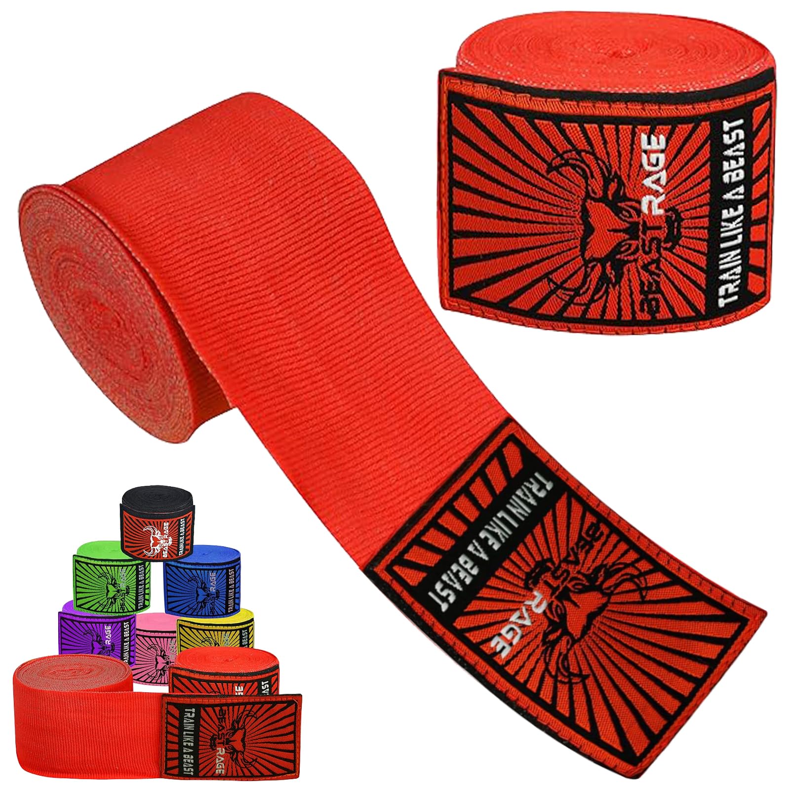 BEAST RAGE Boxing Hand Wraps Men Protection MMA Support Inner Gloves Martial Arts Training Wrapper Punching Combat Sports Muay Thai, under Mitts 4.5 Meter Elasticated Bandages (4.5 M, Red)